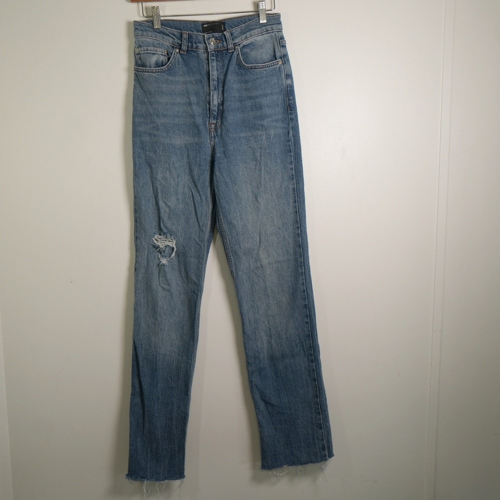 ASOS DESIGN Straight Leg Jeans Womens 28 Tall Blue High Rise Distressed Raw Hem